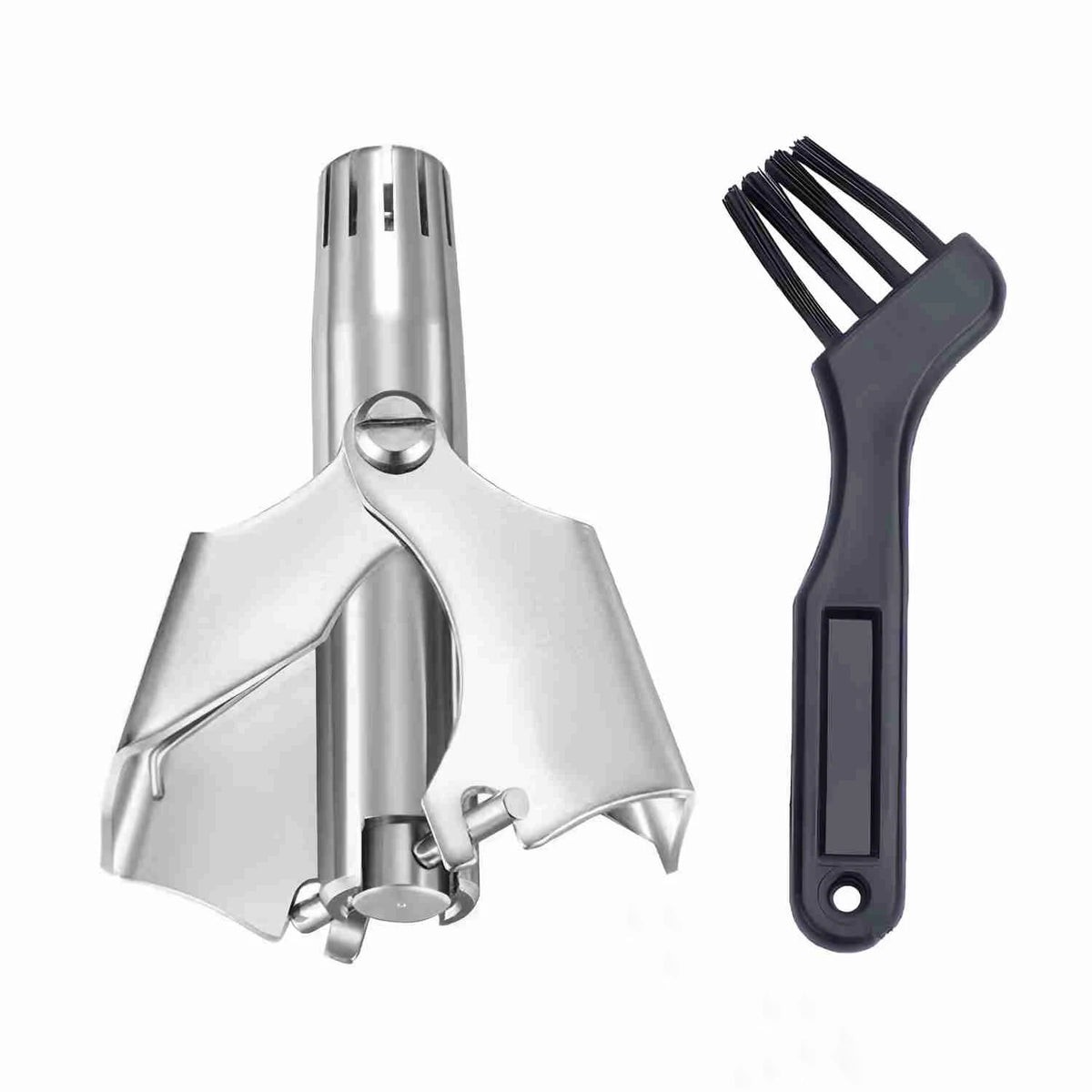 A portable stainless steel nose and ear hair trimmer with a protective guard and a separate comb attachment.