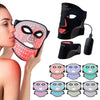 A multi-color LED facial mask is shown being applied to a woman's face, with various color options displayed below.