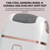 A close-up view of a white electric foot grinder with a textured grinding wheel and a metallic accent ring.