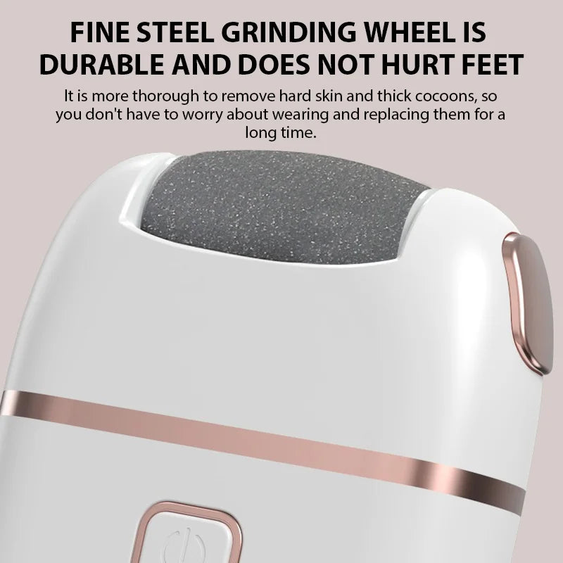 A close-up view of a white electric foot grinder with a textured grinding wheel and a metallic accent ring.