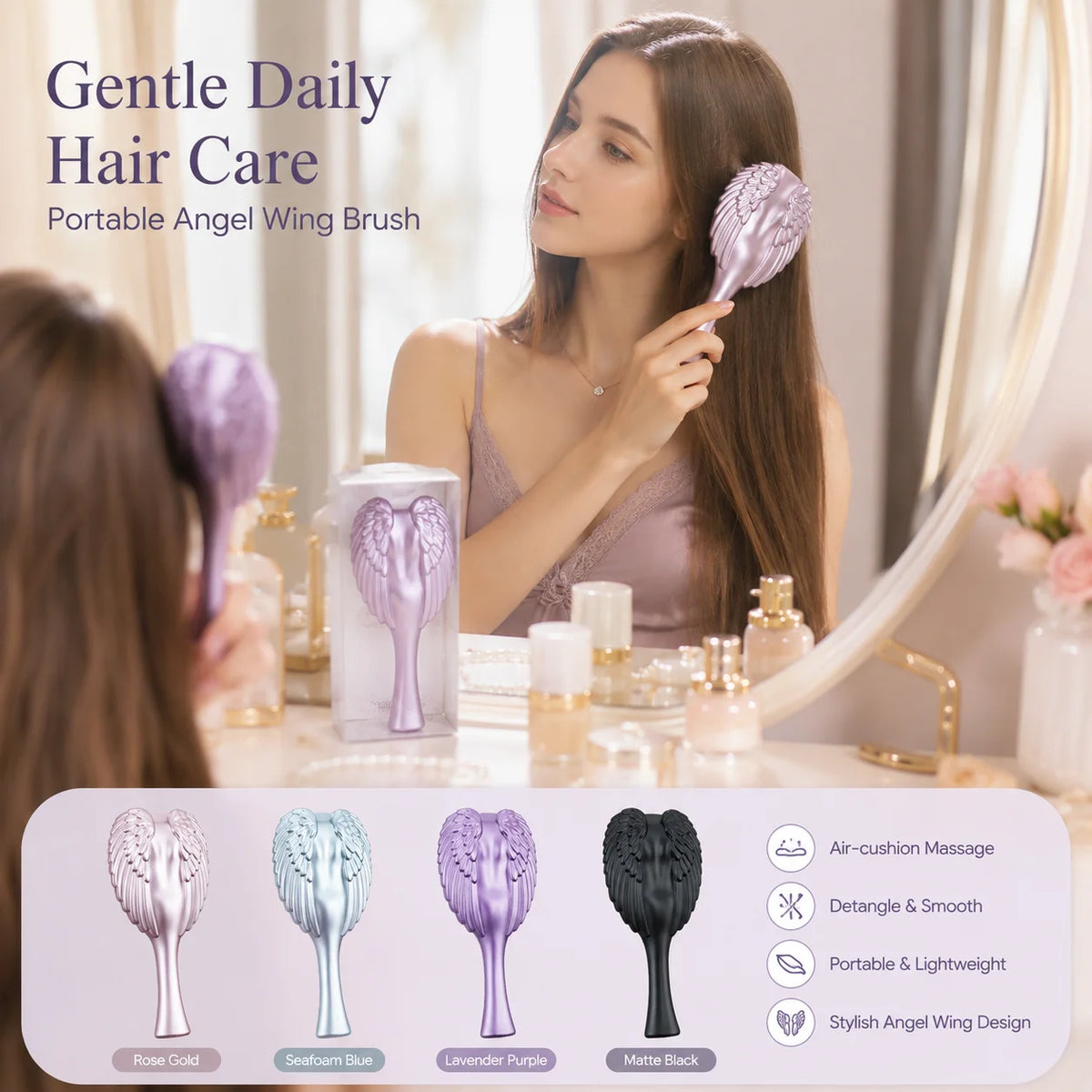 A collection of purple and black angel wing hair brushes shown next to a woman using one for gentle daily hair care.