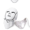 Máscara facial blanca y máscara LED púrpura con beneficios para la piel.