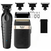 A black electric hair clipper trimmer kit showing the main unit, various attachments, and a storage case.