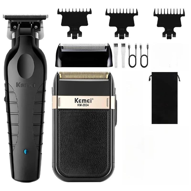 A black electric hair clipper trimmer kit showing the main unit, various attachments, and a storage case.