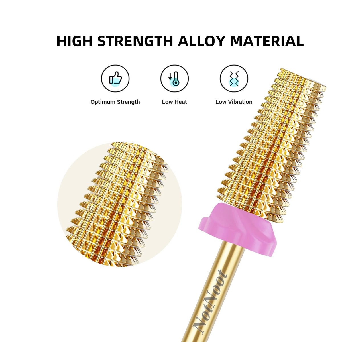 A close-up view of a gold-colored carbide nail drill bit set with a pink handle, highlighting its strength and vibration feat