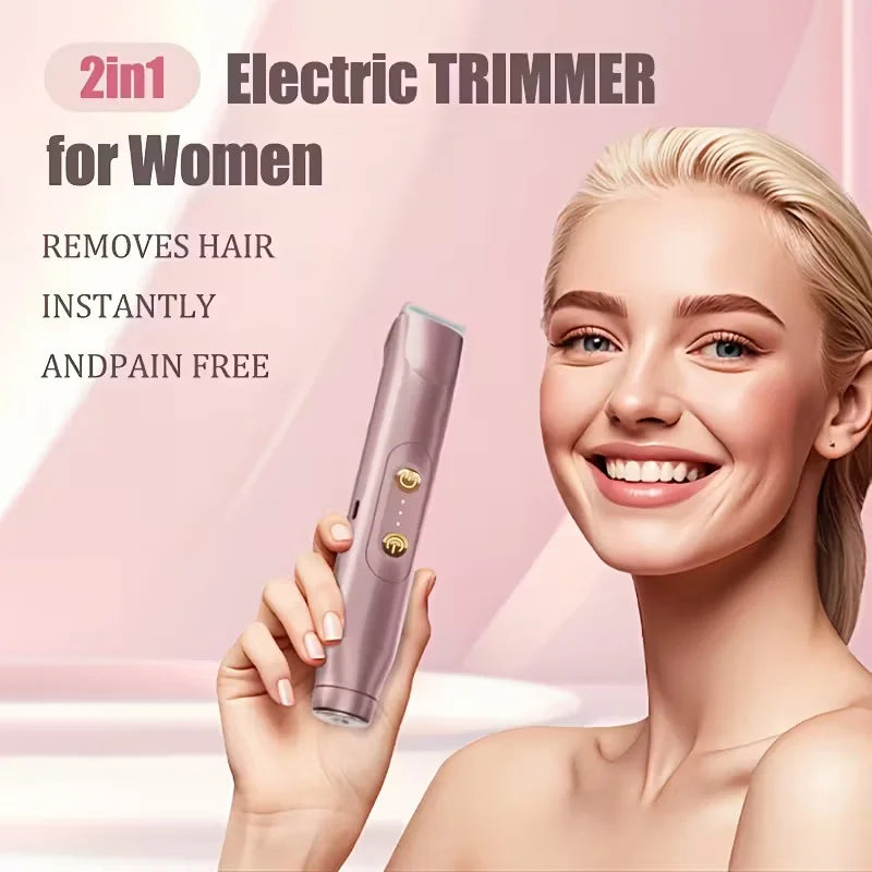 A woman is holding a pink electric trimmer device, demonstrating its use for hair removal.