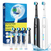 A box and several rotating electric toothbrushes with replacement heads shown next to water.