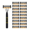 A set of twelve black and orange safety razor blades arranged in a grid, with the handle visible on the left.