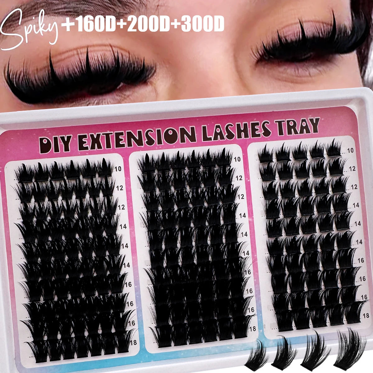 A tray of DIY extension lashes showing various lengths and styles for lash extensions.