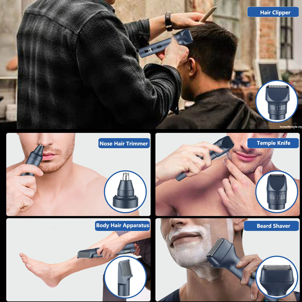 Various electric grooming tools including a hair clipper, nose trimmer, temple knife, body hair apparatus, and beard shaver.