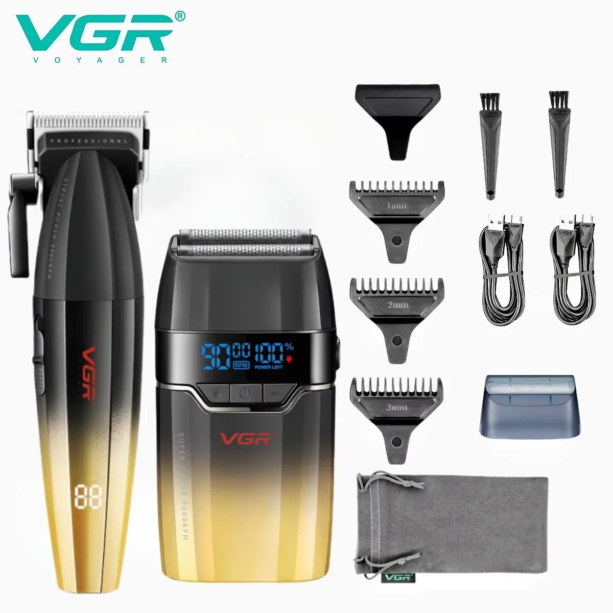 A set of VGR professional cordless hair trimmers including various guards and a carrying case.