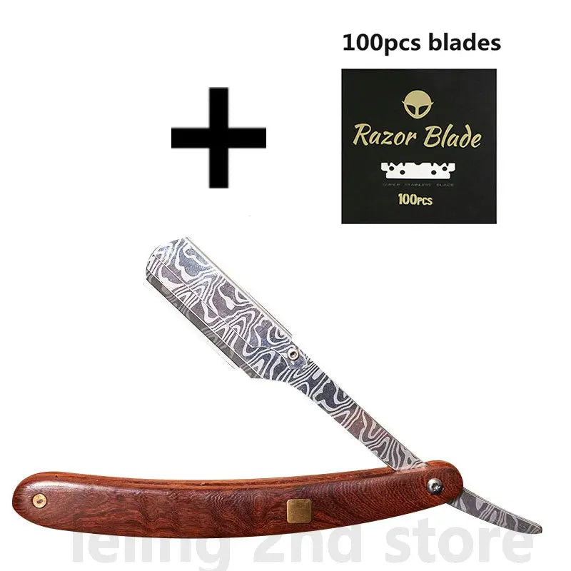 A razor blade with a wood handle is shown next to a plus sign and text indicating 100 pieces.