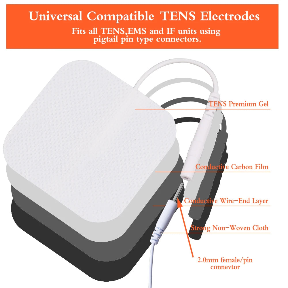 Électrodes TENS universelles réutilisables avec film de carbone conducteur et connecteur mâle/femelle.