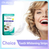 Box of Oralhoo whitening strips with coconut oil and a woman smiling to show teeth whitening
