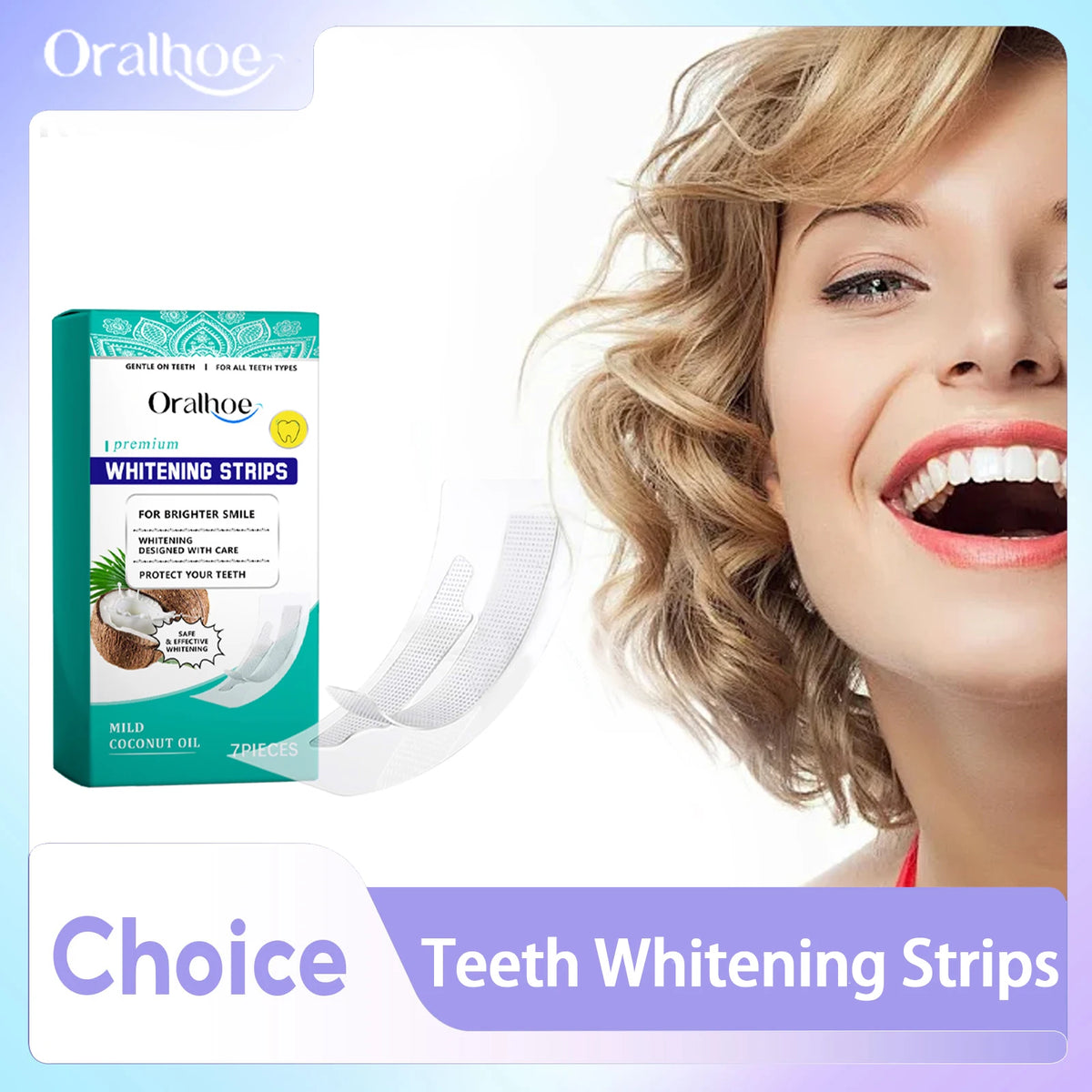 Box of Oralhoo whitening strips with coconut oil and a woman smiling to show teeth whitening