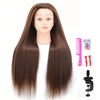 A long, straight, dark brown hair wig displayed on a mannequin head with styling tools.