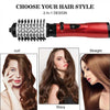 A red 2-in-1 hair styling tool shows examples of straight, wavy, and curly hairstyles.