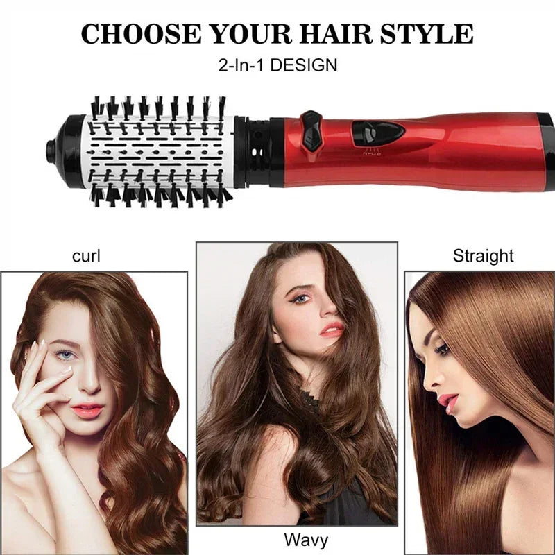 A red 2-in-1 hair styling tool shows examples of straight, wavy, and curly hairstyles.