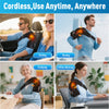 A person is using an electric shoulder heating and vibration massager for various activities like driving, running, studying,
