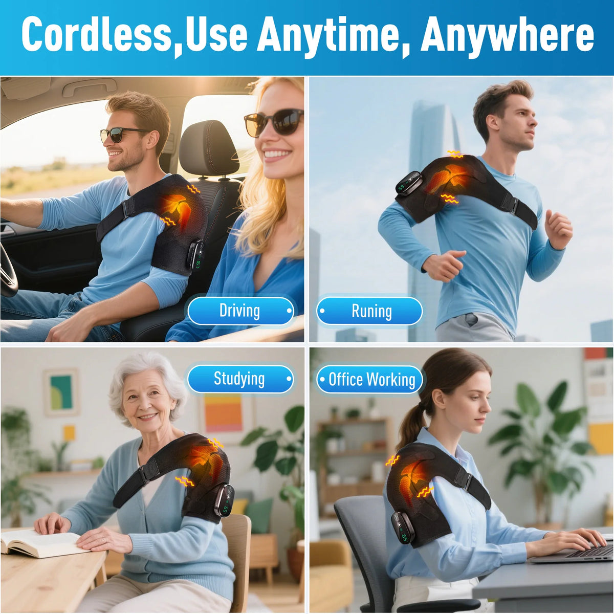 A person is using an electric shoulder heating and vibration massager for various activities like driving, running, studying,