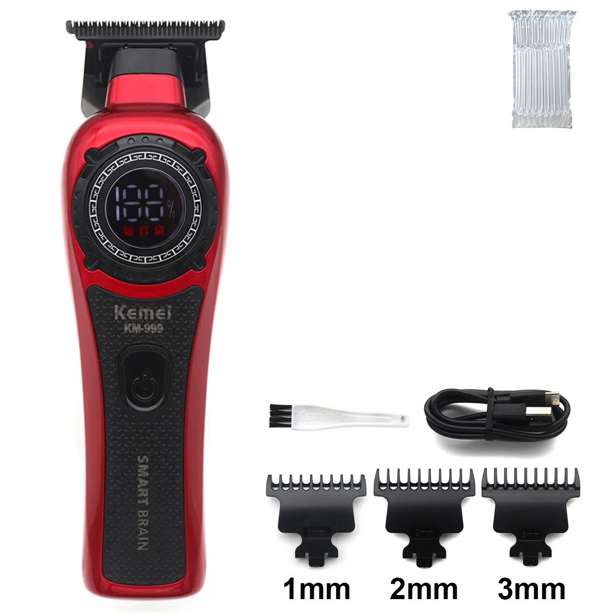 Red Kemei KM-999 smart brain cordless hair trimmer with 1mm, 2mm, and 3mm guards.