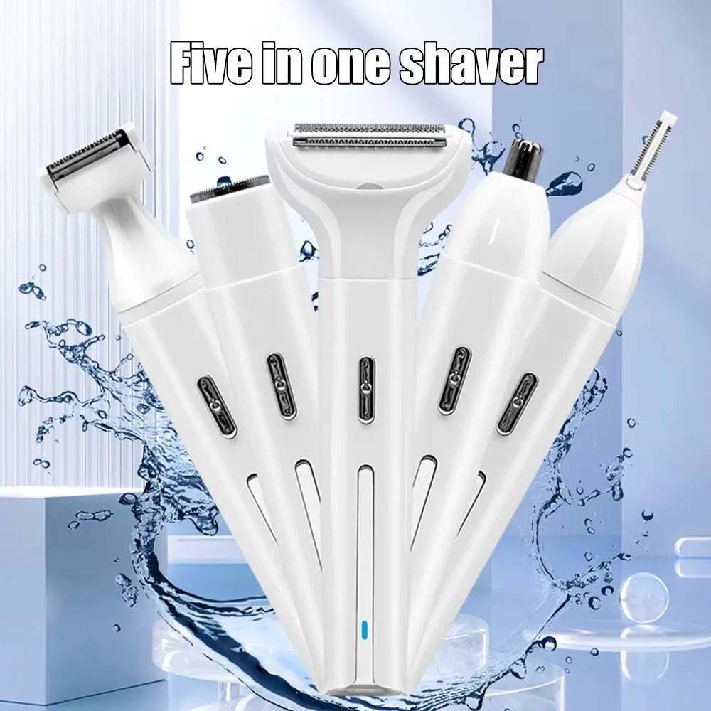 A white five in one shaver set featuring multiple grooming heads displayed against a blue background.