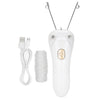 A white electric facial hair remover threader with metal tips and a power button.