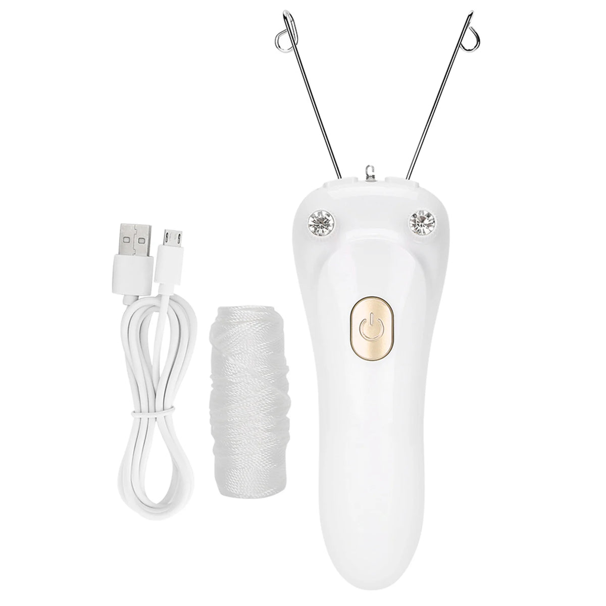 A white electric facial hair remover threader with metal tips and a power button.