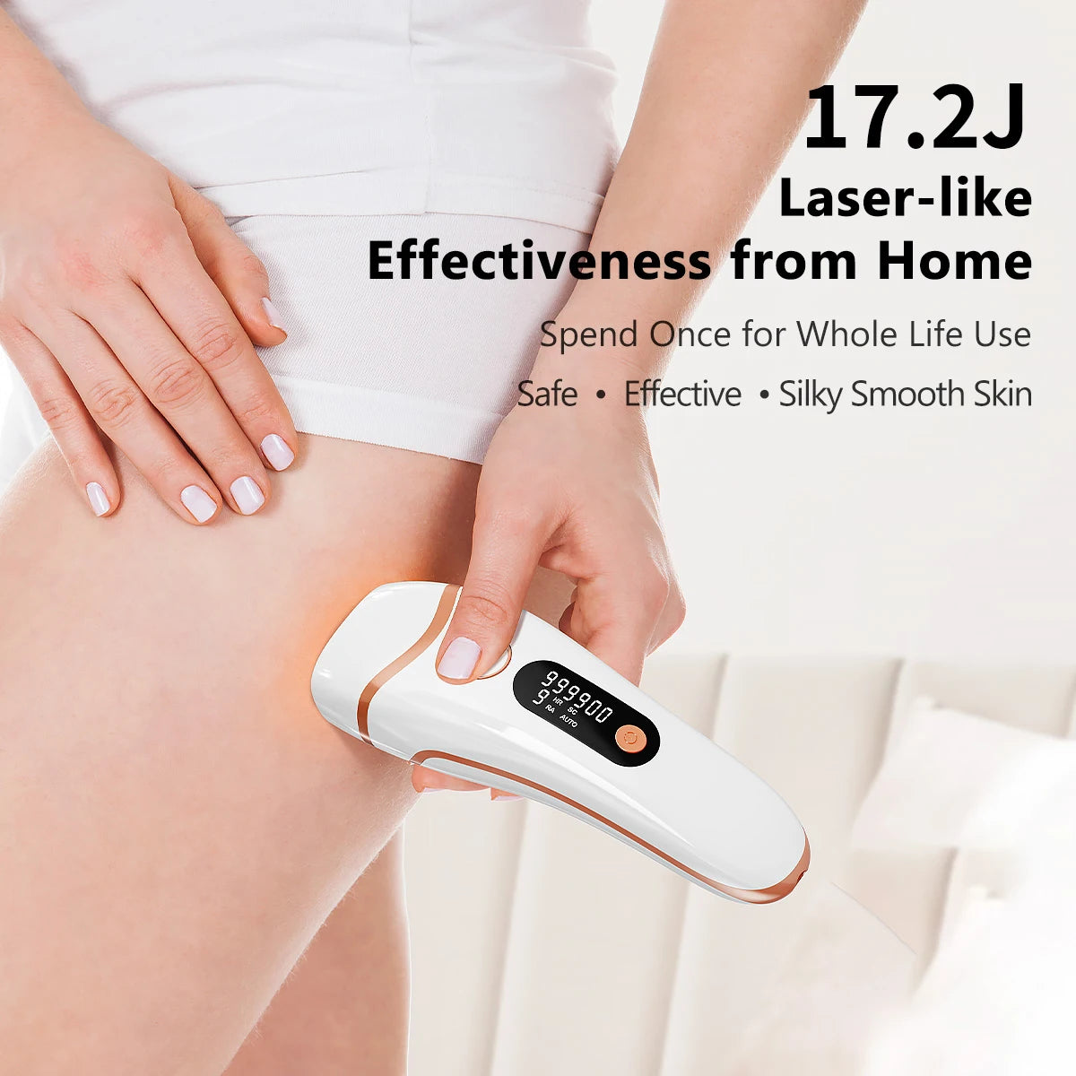 A hand is using a white IPL laser hair removal device on the leg of a person.