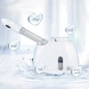 A white facial steamer device is shown with various benefits like quick hydration and nourishing the skin, surrounded by wate