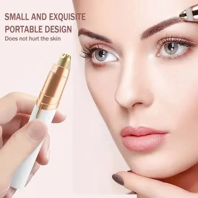 A close-up of a hand holding a gold and white automatic electric eyebrow trimmer near a woman's eye.