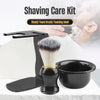 A professional shaving kit featuring a stand, foam brush, and foaming bowl shown in use.