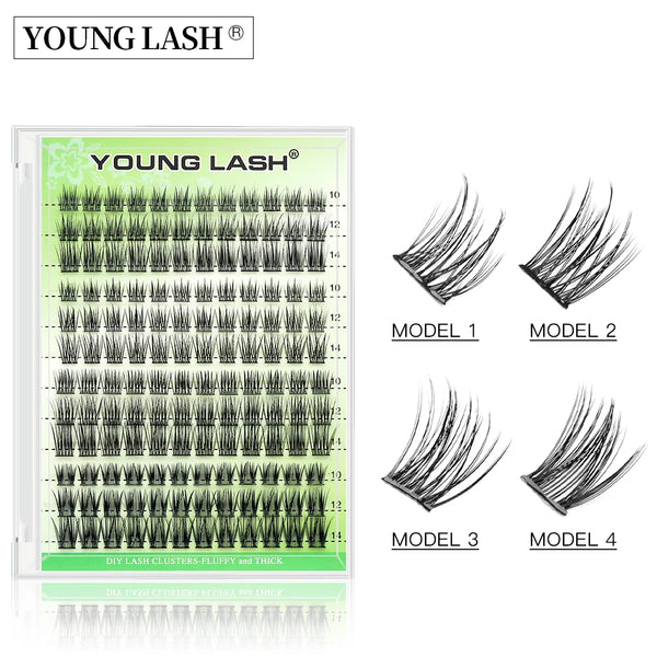 A display of four models of Young Lash DIY cluster eyelash extensions