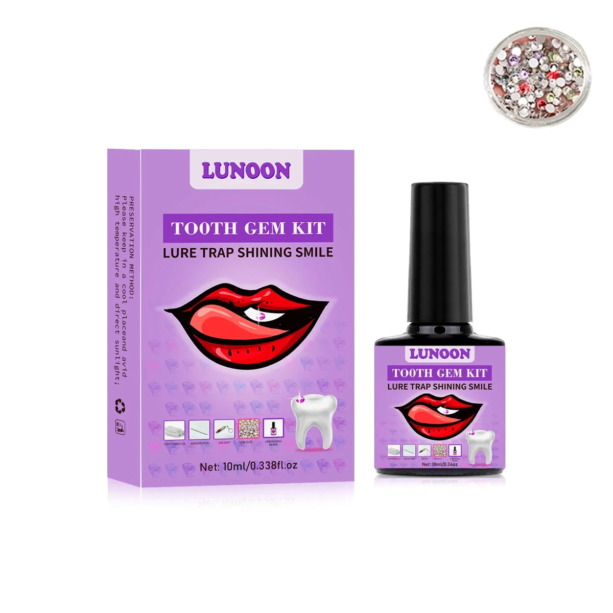 Caja y botella del Kit de Gema Dental Lunoon, con señuelo, sonrisa brillante, adhesivo y luz UV.