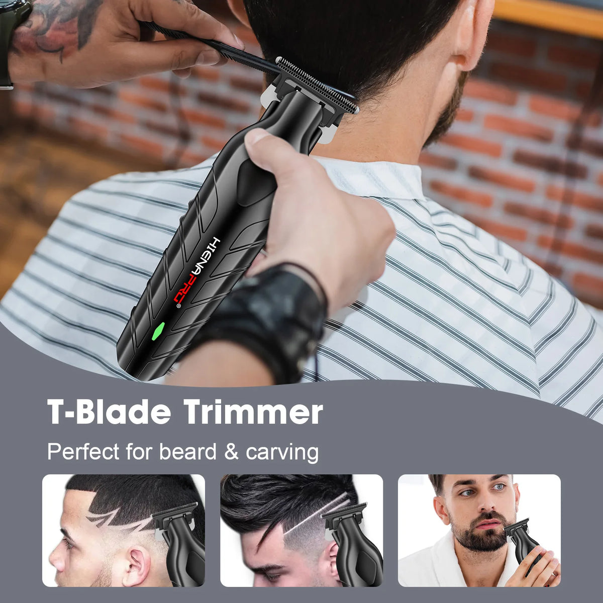 A hand is using a black T-Blade trimmer for beard and carving on a man's face.