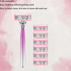 A pink and silver safety razor with six layers of stainless steel blades shown against a light background.