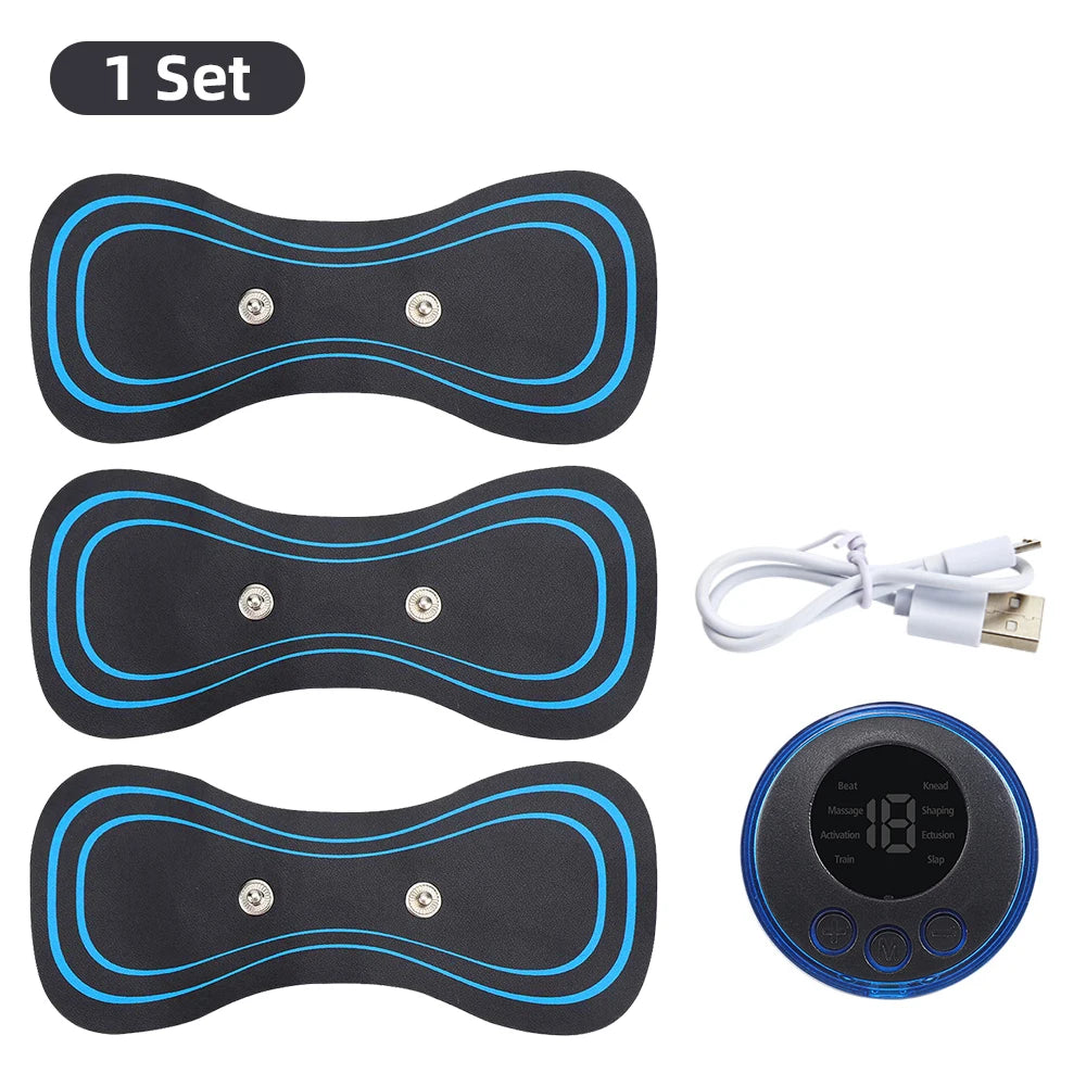 A set of black EMS muscle stimulator pads and a handheld device for pain relief.