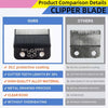 Comparison details for a clipper blade showing features like DLC coating, cutter tooth length, alloy material, drawing proces