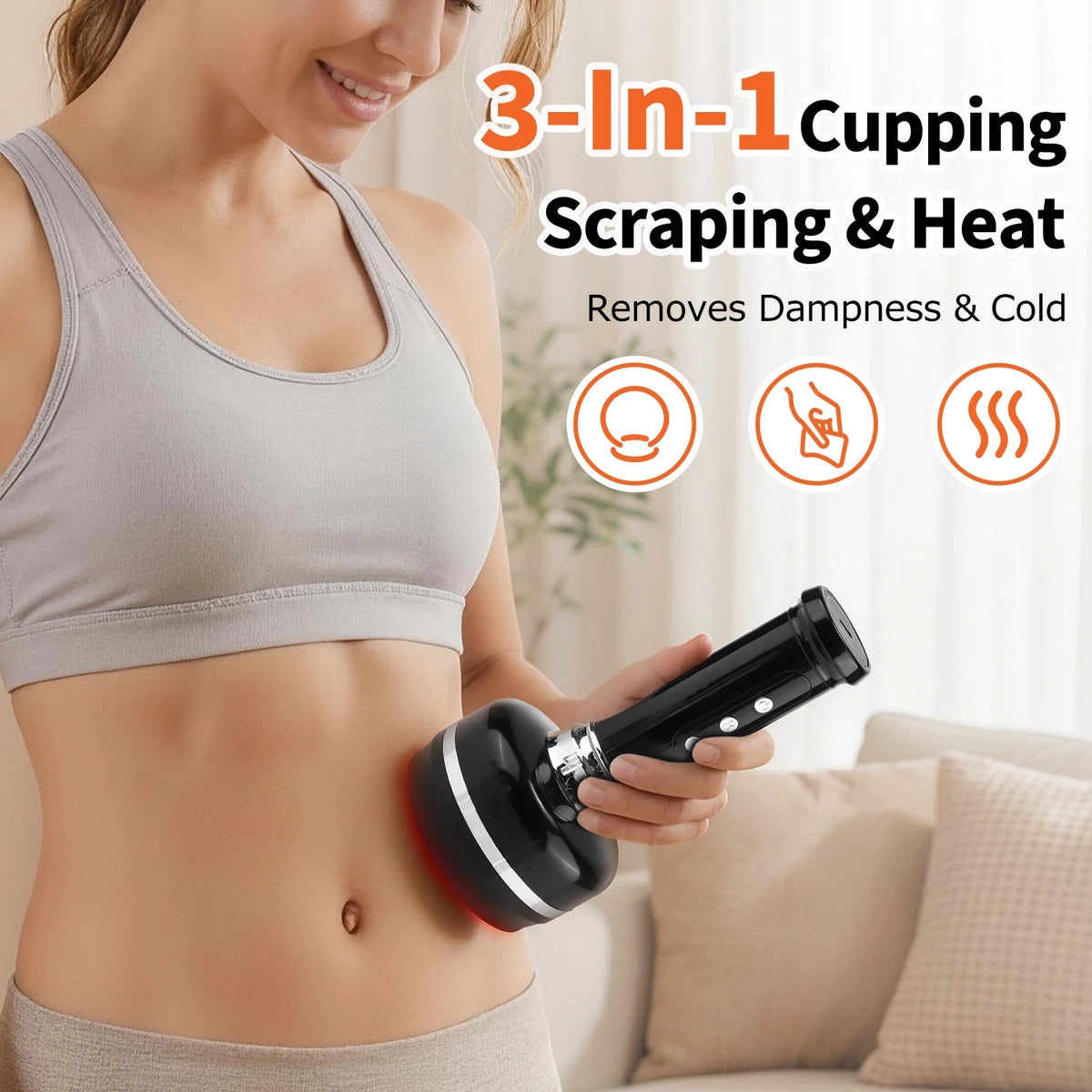 A woman is using a black cupping tool on her abdomen for dimple therapy and muscle massage.