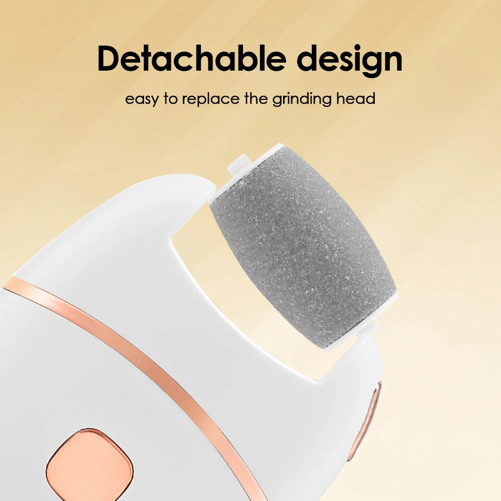 Close-up of a white electric foot file callus remover with a detachable sanding head.