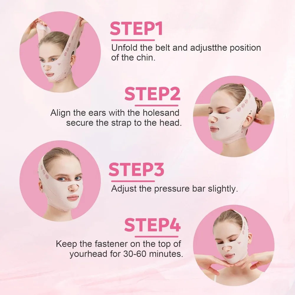 A four-step guide showing how to use an adjustable facial slimming strap for contouring.
