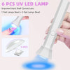 A hand holds a white cordless rechargeable mini UV LED nail lamp, showing its convex lens and light output.