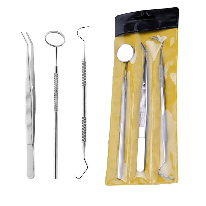 A set of stainless steel dental cleaning tools packaged in a yellow plastic pouch.