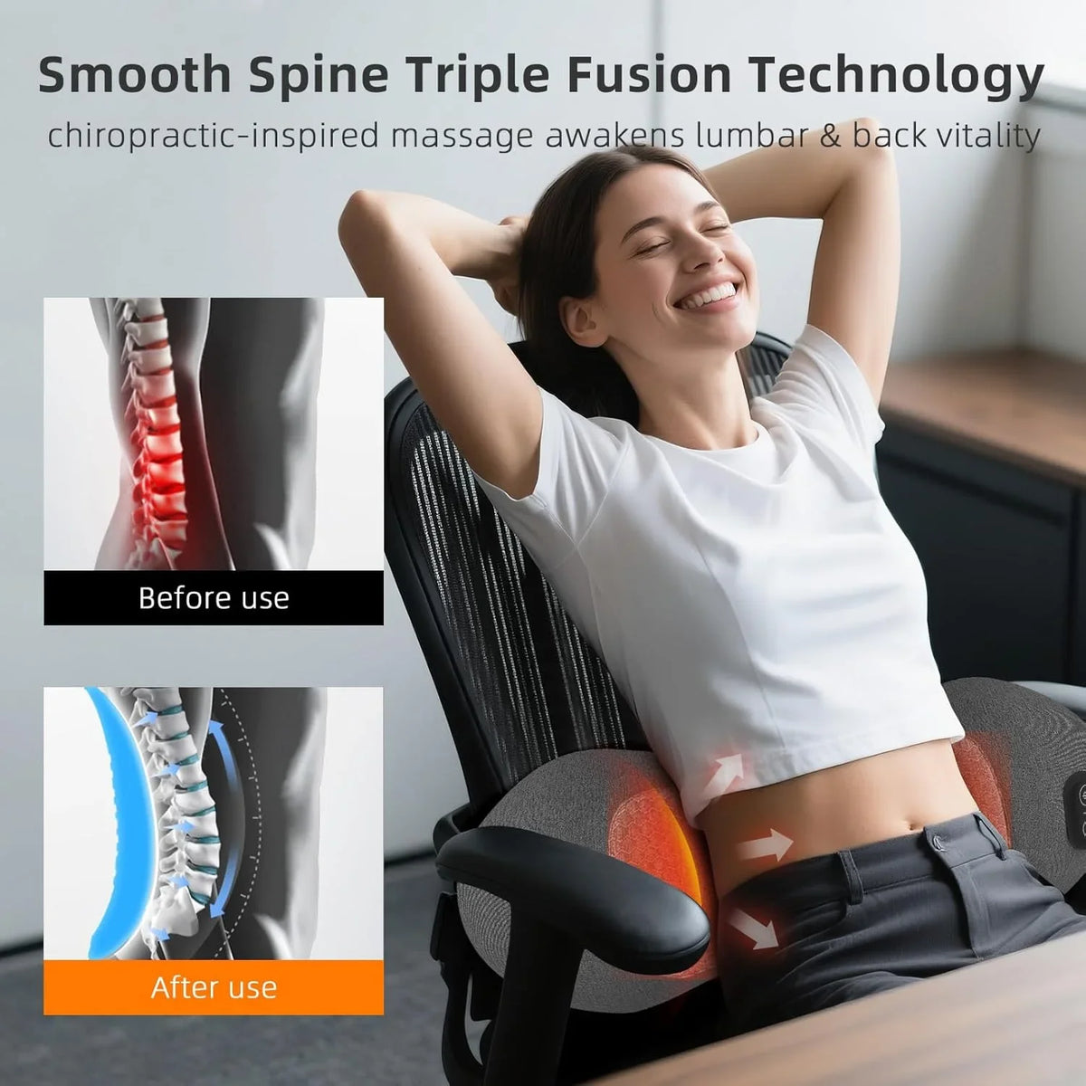 Eine Frau benutzt einen sanften Wirbelsäulen-Triple-Fusion-Massager für Lenden- und Rückenerleichterung.