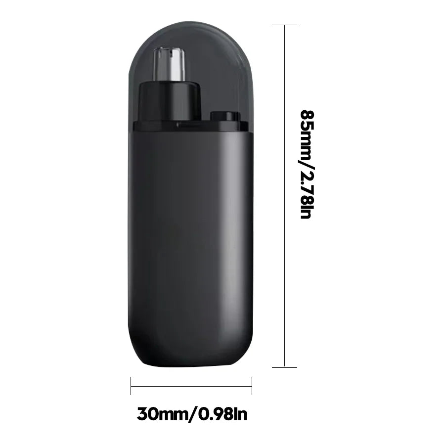 A black precision nose hair trimmer with a protective cap shown in a side profile.