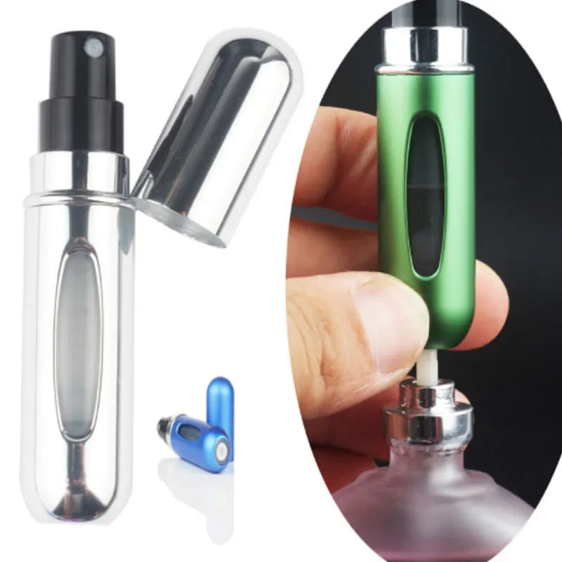 A clear glass perfume bottle and a green refill spray are shown next to a blue component.