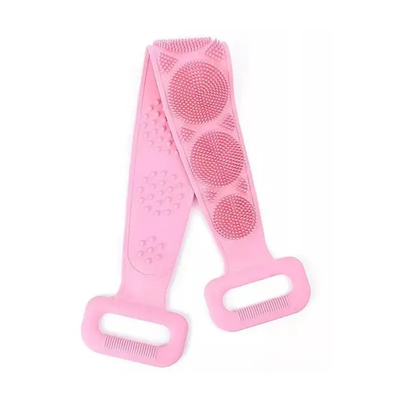 Pink silicone body scrubber back brush with textured silicone bristles