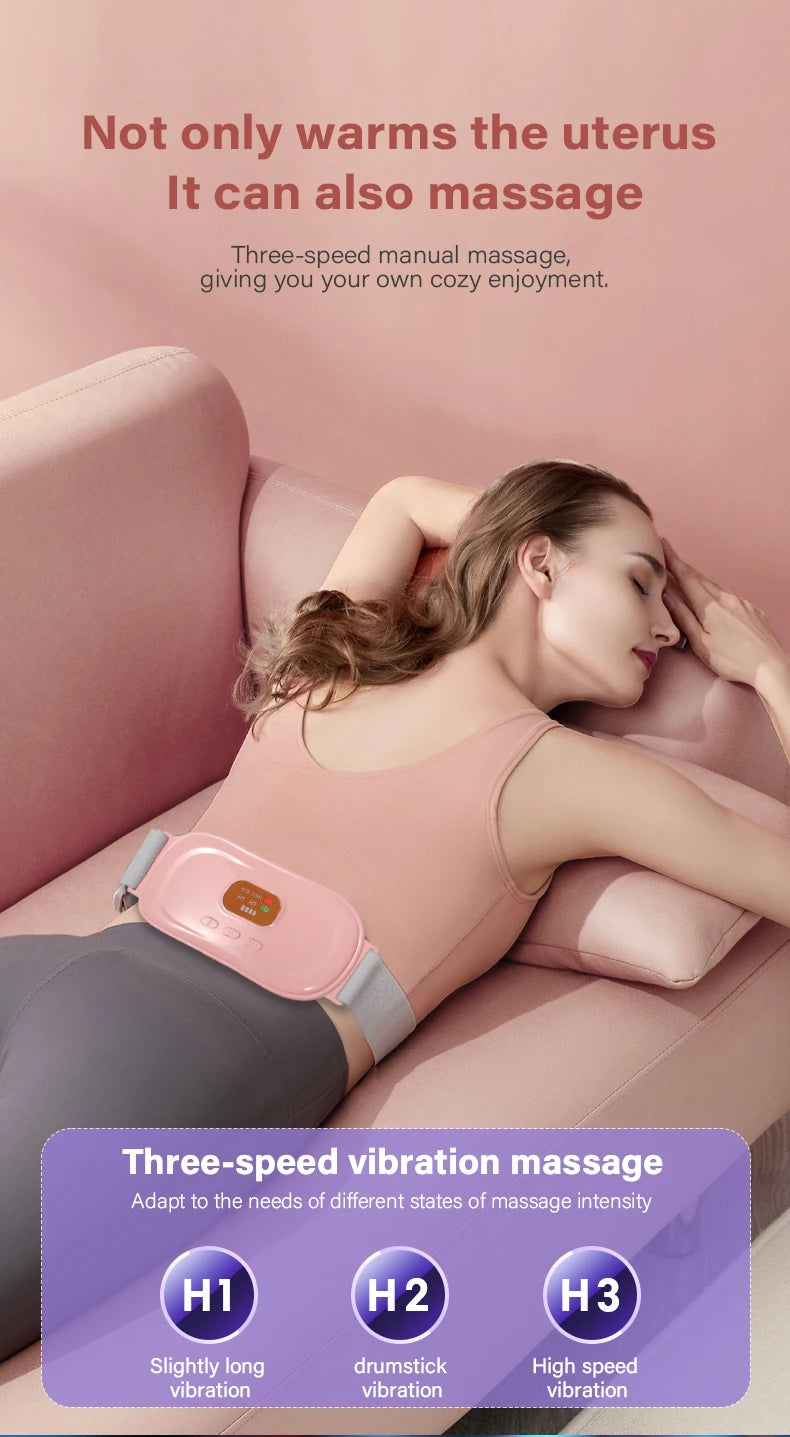 A woman is using a pink three-speed vibration massage belt on her abdomen while relaxing on a sofa.