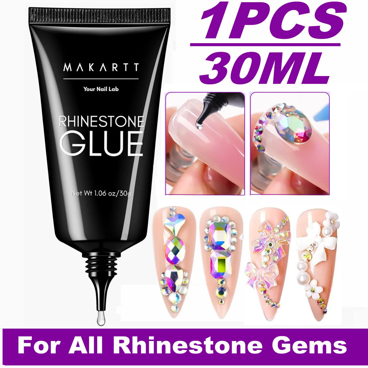 Black tube of Makartt Rhinestone Glue for nail art featuring various gemstone designs on nails