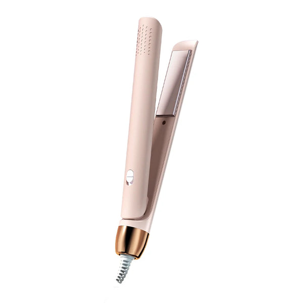Plancha y rizador de cabello de cerámica rosa, vista vertical.